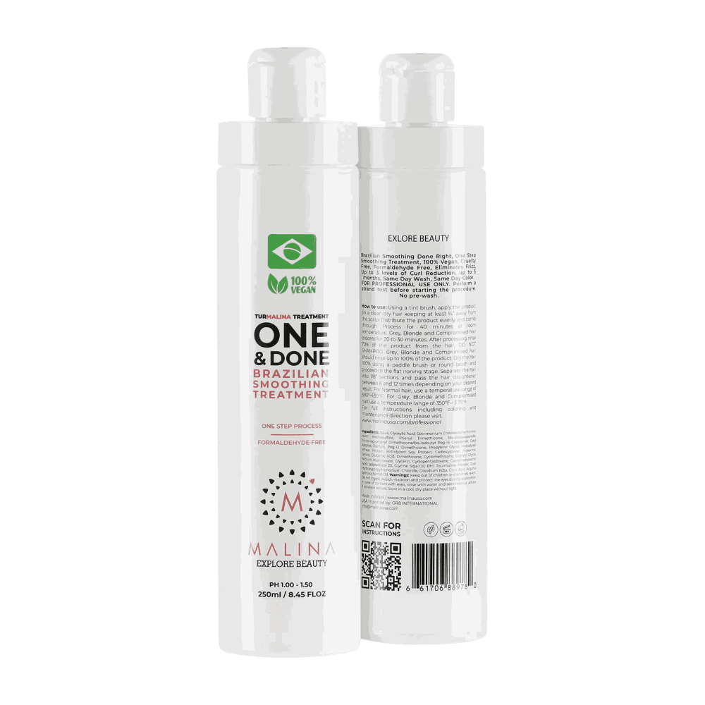 Malina One & Done Brazilian smoothing treatment, front and back of the bottle